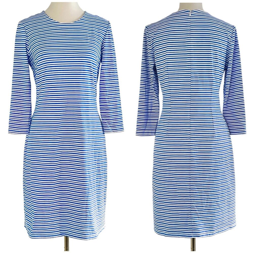 J. McLaughlin Sophia Blue White Striped Scoop Neck Knee Length Dress Womens sz S